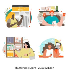 People read paper and electronic books vector set