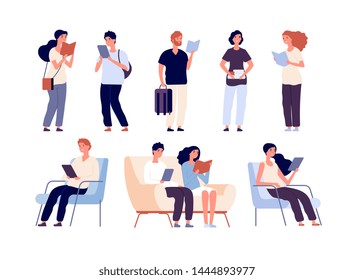 People read. Persons reading books sit on chair in bookstore book festival. Students studying in library vector isolated characters. Education knowledge, student man and woman learn illustration