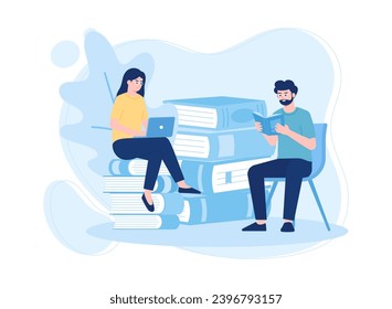 la gente lee y busca el conocimiento en libros y en el concepto de tendencia de internet ilustración plana