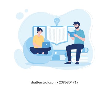 people read and search for knowledge in books and on the internet trending concept flat illustration