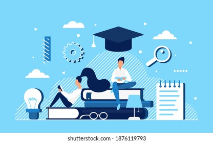 People read and study, education concept vector illustration. Cartoon student characters reading books, ebooks or textbooks, creative educational background for distance learning, online courses