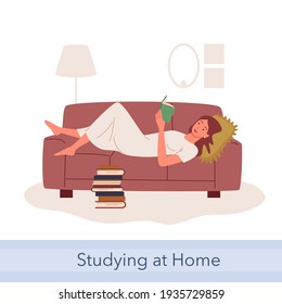 People read and study, education or hobby, young woman student lying on sofa, reading