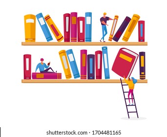 People Read and Study, Students Prepare for Examination, Gaining Knowledges. Reading and Education Concept with Tiny Male and Female Character on Shelf with Huge Books. Cartoon Vector Illustration