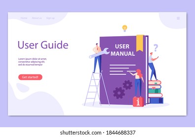 People read user manual book. Managers reading and writing guide instruction. Concept of customer guide, useful information, technical document. Vector illustration in flat design for UI, web banner