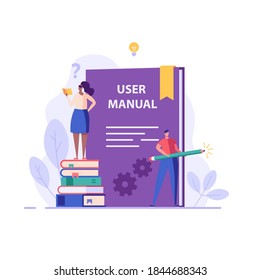 People read user manual book. Users reading and writing guide instruction with question mark. Concept of customer guide, useful information, FAQ. Vector illustration in flat design for UI, web banner