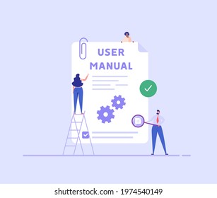 People Read User Manual Book. Managers Reading And Writing Guide Instruction. Concept Of Customer Guide, Useful Information, Technical Document. Vector Illustration In Flat Design For UI, Web Banner