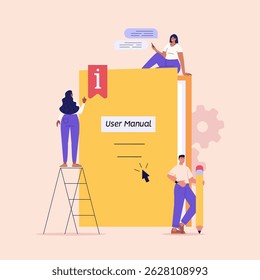 People read user manual book. Users reading and writing guide instruction with question mark. Concept of customer guide, useful information, FAQ. Vector illustration in flat design for UI, web banner