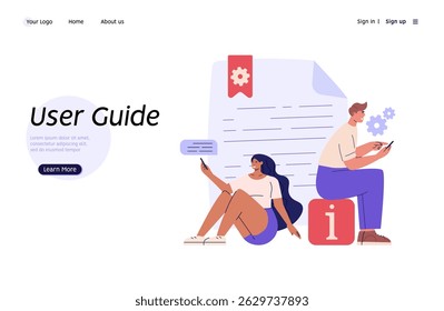 People read user manual book. Users reading and writing guide instruction with question mark. Concept of customer guide, useful information, FAQ. Vector illustration in flat design for UI, web banner
