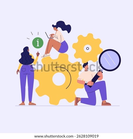 People read user manual book. Users reading and writing guide instruction with question mark. Concept of customer guide, useful information, FAQ. Vector illustration in flat design for UI, web banner