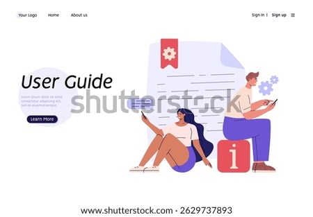 People read user manual book. Users reading and writing guide instruction with question mark. Concept of customer guide, useful information, FAQ. Vector illustration in flat design for UI, web banner