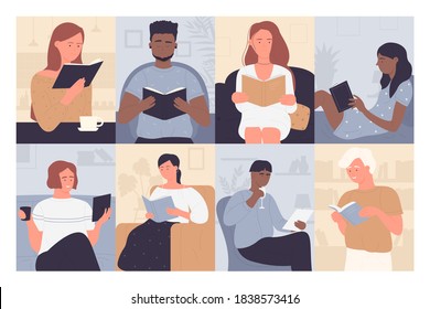 People read vector illustration set. Cartoon flat young booklover man woman characters reading book from library or bookstore, sitting at home on cozy sofa couch or armchair background collection