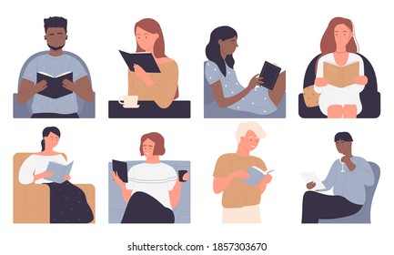 La gente lee el conjunto de ilustraciones vectoriales. Personajes de caricatura hombres mujeres sentados en mesa o en sillones de casa, sosteniendo vino de vidrio o taza de café, leyendo libros de la biblioteca o librería aislados en blanco