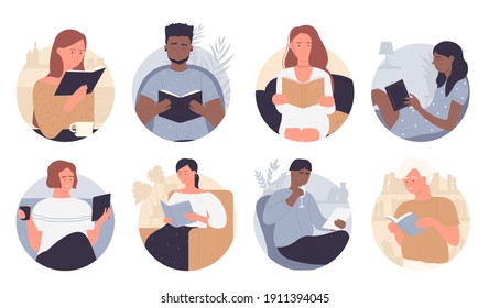 People read vector illustration set. Cartoon man woman characters sitting at table or in home armchairs, holding glass wine or coffee cup, reading books from library or bookstore isolated on white