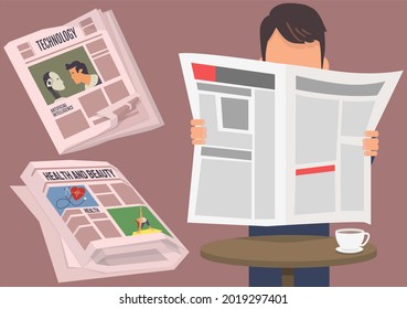 People read vintage newspaper. Daily news articles newsprint magazine old design. Printing text in preess. Brochure newspaper pages with headline of hot news. Paper retro journal grunge template