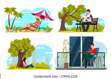 People readers outdoor scene set. Woman reading book on sun lounger at beach, girl in park under tree. Grandfather is reading newspaper on bench, man sitting on balcony. Vector character illustration