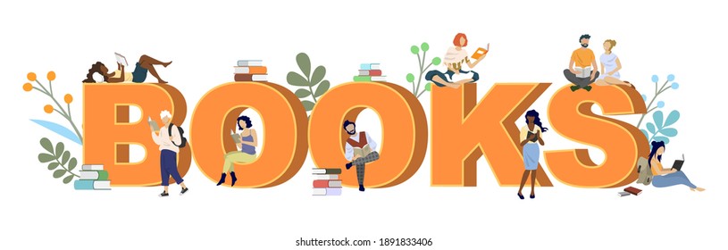 People readers students walking, sitting, lying and reading books, studying, preparing for exam, flat vector illustration. Books typography banner template. Bookstore, library, festival, hobby.