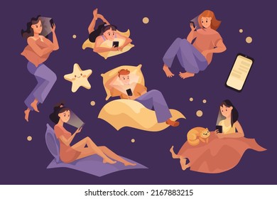 People reading in bed before sleep vector illustrations set. Cartoon man and girls lying and reading using cellphones on purple background. Internet addiction, night time, entertainment concept