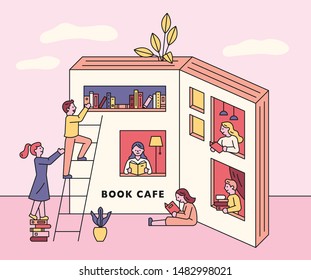 As pessoas estão lendo um livro em um café em forma de livro. ilustração vetorial minimalista estilo design plano.