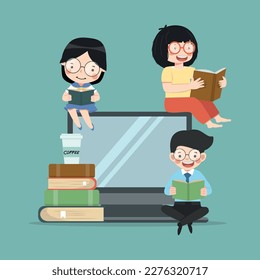 People reading book with computer cartoon