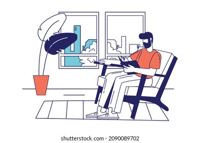 People reading book concept in flat line design for web banner. Man sits with book in armchair, literature lover is resting at home, modern people scene. Vector illustration in outline graphic style