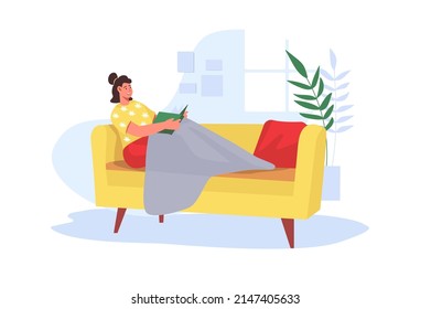 People reading book concept in flat design. Happy woman reading novel while sitting on cozy sofa at home. Young girl reader enjoys literature at leisure. Vector illustration with people scene for web