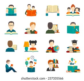 People reading book encyclopedia textbook icon flat set isolated vector illustration