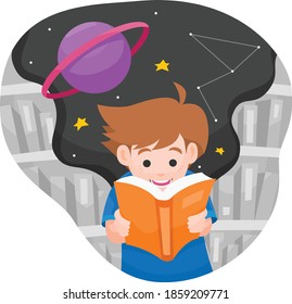 Personas leyendo un libro en una ilustración vectorial de biblioteca