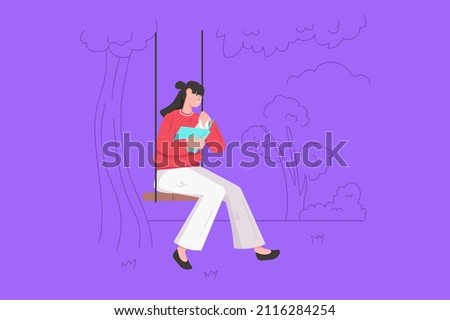 People reading book modern flat concept. Happy woman is reading novel or story while sitting on swing. Female reader enjoying literature. Vector illustration with character scene for web banner design