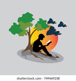 people reading book in night vector illustration