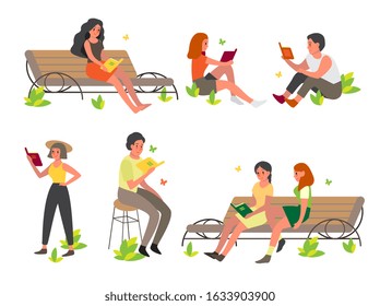 People reading book in the park set. Collection of man and woman who read in outdoor. Person study. Isolated vector illustration in cartoon style