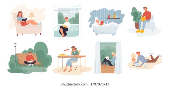 People reading book scene set. Self education, development exam preparation. Leisure, hobby interest. Modern literature fans reader indoor, outdoor sitting on bench, armchair, at table, lying on floor