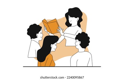 Gente leyendo ilustración de concepto vectorial de libro. Educación estudiantil y conocimiento de carácter. Estudiar y aprender literatura de pie. Aprendizaje humano y descanso inteligente. Amigo de la universidad estudiando feliz