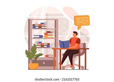 People reading book web concept in flat design. Student studies from textbook and prepares for exam while sitting at table in library. School education. Vector illustration with characters scene