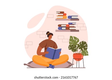 La gente está leyendo el concepto web de libros en diseño plano. La mujer lee una historia o disfruta de una novela mientras se sienta en casa. Estudiante estudiando libros de texto y preparándose para los exámenes. Ilustración de vector con escena de caracteres