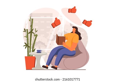 People reading book web concept in flat design. Woman reads story or enjoying novel while sitting on armchair at cafe. Literature lover spends time with book. Vector illustration with characters scene