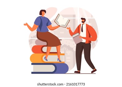 People reading book web concept in flat design. Man and woman reading books. Students study textbooks and prepare for exams. Literature, library, education. Vector illustration with characters scene