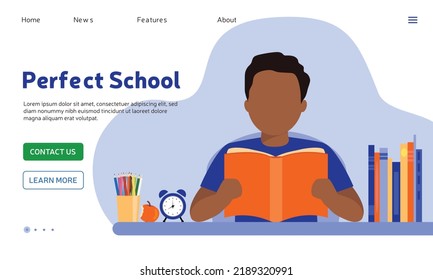 People reading book web concept in flat design. Student studies from textbook and prepares for exam while sitting at table in library. School education. Vector illustration with characters scene