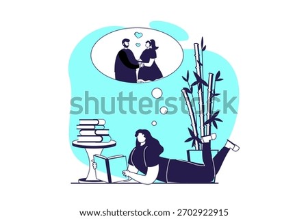 People reading book web concept with flat people for website design. Woman reads romantic literature genre about romance couple. Bookworm enjoying hobby and engaged in interest. Vector illustration.
