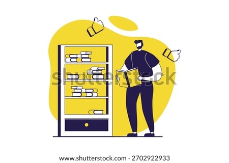 People reading book web concept with flat people for website design. Man reads literature while standing by bookshelf, bookworm pastime with different texts, choosing in bookshop. Vector illustration.