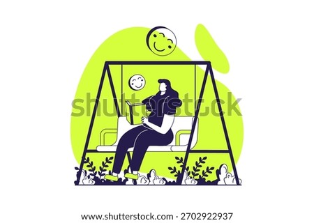 People reading book web concept with flat people for website design. Woman reads literature while sitting swing outdoors, bookworm pastime with different texts, engaged in hobby. Vector illustration.