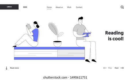 People Reading Book Website Landing Page. Woman and Man Students Spend Time in Library or Prepare for Examination. Characters Gaining Knowledge Web Page Banner. Cartoon Flat Vector Illustration