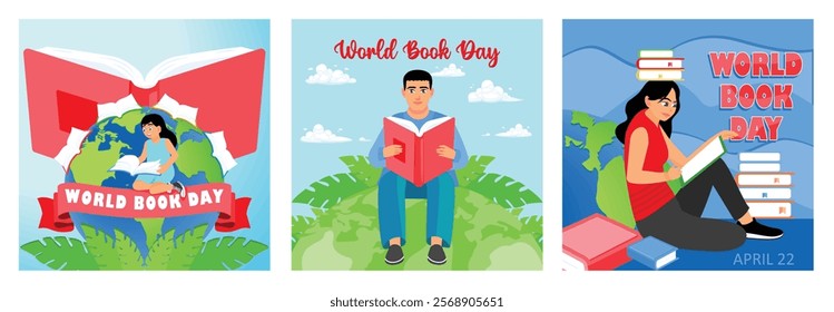 People reading a book. White clouds and globe in the background. Celebration of World Book Day, April 23. World Book Day concept. Set flat vector illustration.