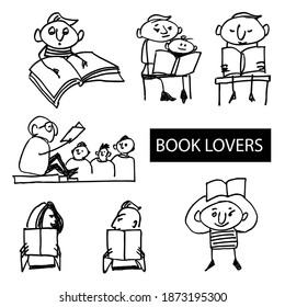 People reading books. Book lovers. A set of hand-drawn characters. Vector illustration