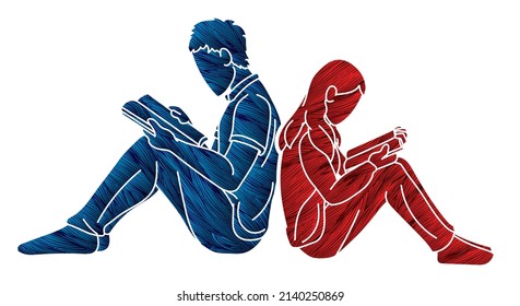 People Reading Books Cartoon Graphic Vector