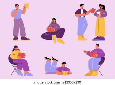 People reading books in club or library, bookcrossing exchange. Happy characters weekend sparetime at home, relaxing, students read literature, prepare for exams, line art flat vector illustration