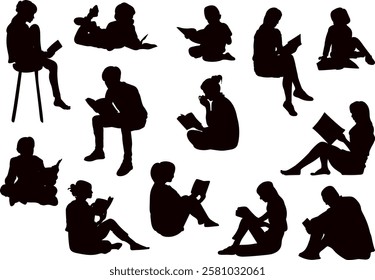 people reading books collection, set silhouette on white background vector