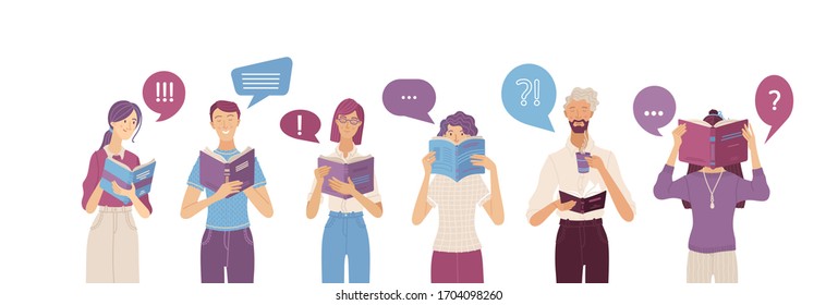 People reading books composition in flat style. Happy young people holding opened books with speech bubbles. Satisfied students studying vector illustration. Self education and intellectual health.