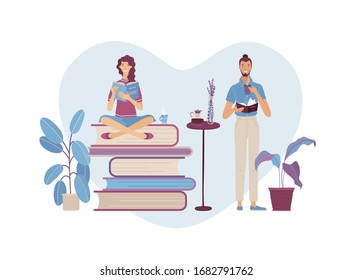 People reading books composition. Girl reading book while sitting on stack of giant books. Guy enjoying with book and cup of coffee. Smiling students studying vector illustration in cartoon style.