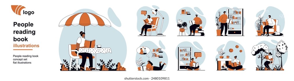 People reading books concept with character scenes mega set in flat web design. Bundle of situation with literary lovers read different paper romance, studying from textbooks. Vector illustrations.