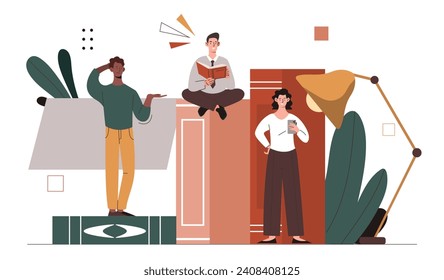 People reading books concept. Men and woman with textbook and fiction. Students prepare for examination and test. Love for literature and reading, useful hobby. Cartoon flat vector illustration